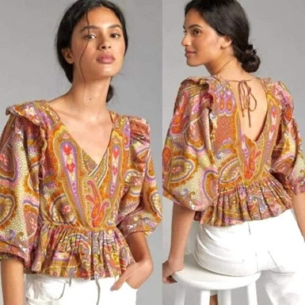 Anthropologie Broadway 38 Paisley‎ Print Peplum Top Fantastic Colors sz M
